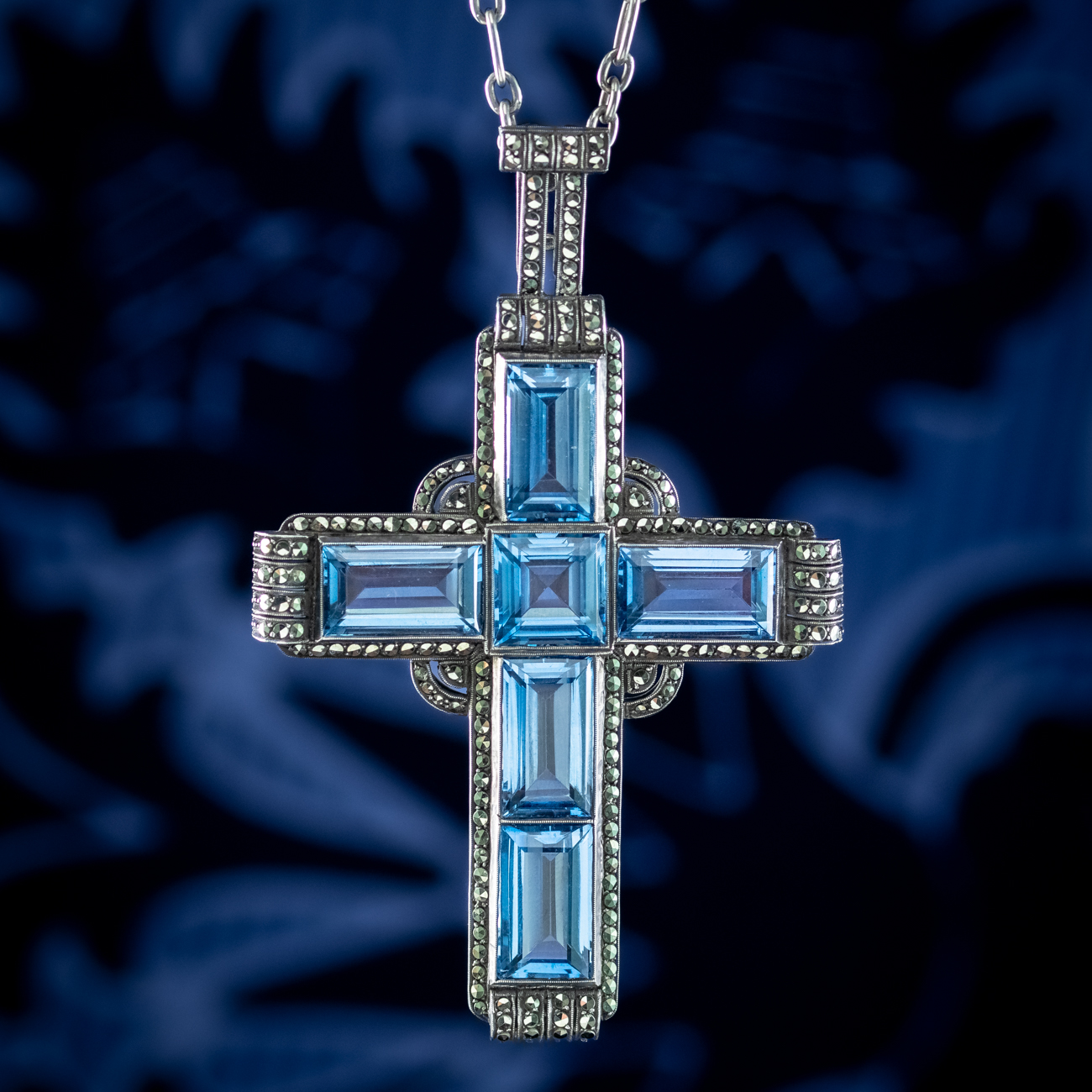 Antique Art Deco Blue Spinel Marcasite Cross Pendant Necklace By Theodor Fahrner