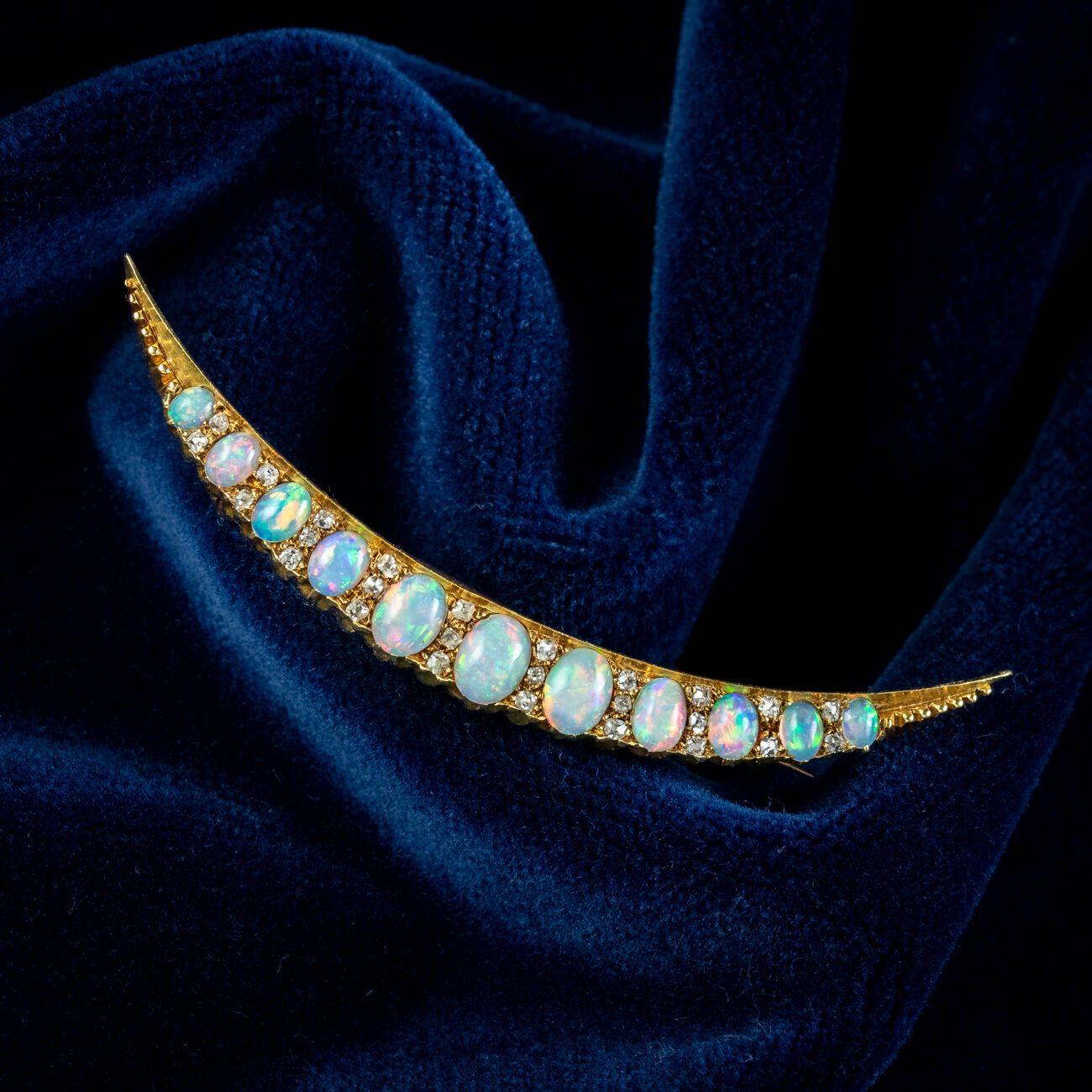 Antique Victorian Opal Diamond Crescent Moon Brooch 18ct Gold